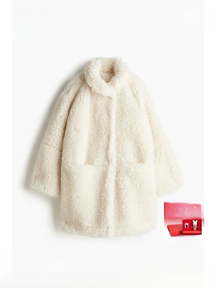 

H&M женское шерстяное пальто, зимняя уличная одежда, воротник-стойка, оверсайз длиной до колена, теплое пальто Fce Feel, длинное пальто из полиэфирного волокна све