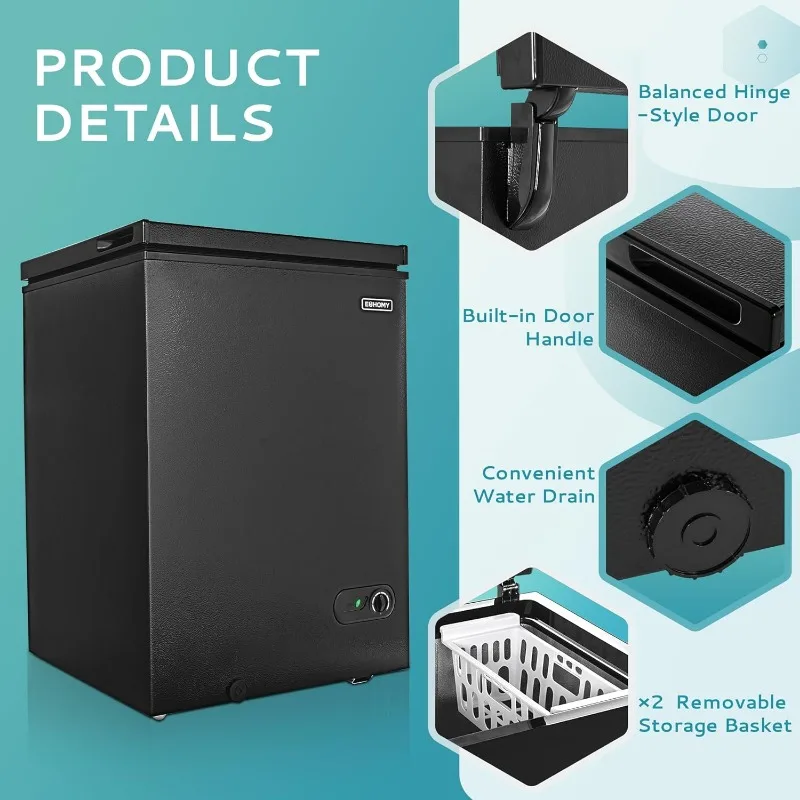 EUHOMY Морозильная камера нагрудная камера 3,5 куб. фута со съемной корзиной, небольшая морозильная камера с глубоким регулируемым термостатом 7, тихая мини-морозильная камера