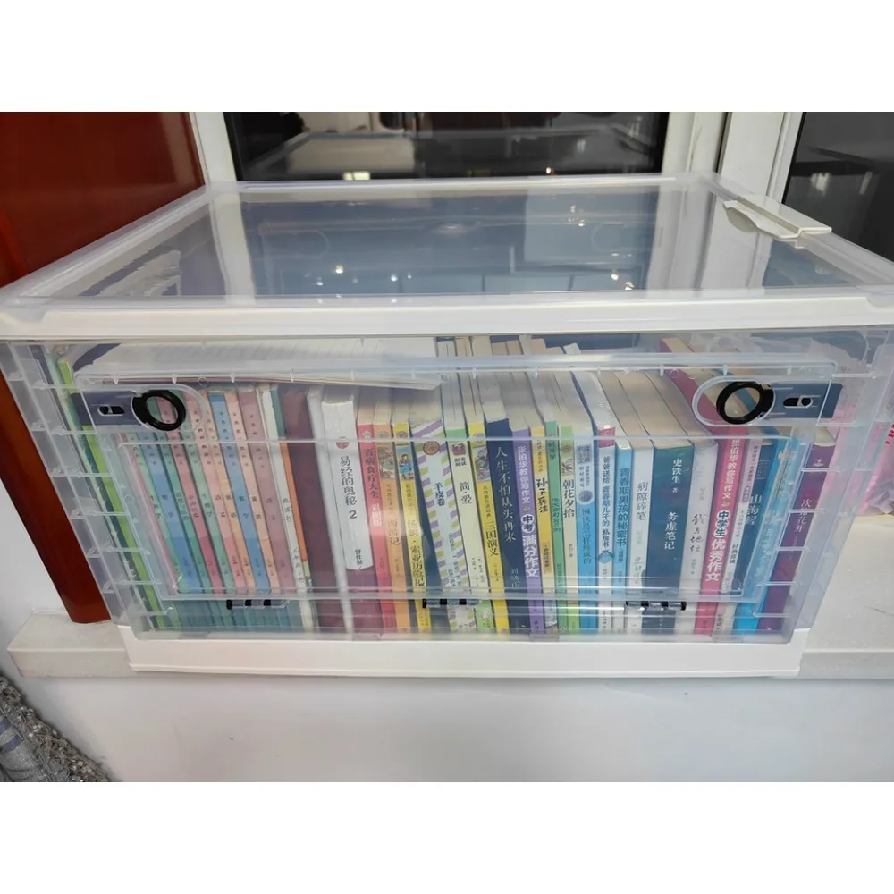 

transparent book storage box, removable household folding storage box, side door convenient storage box