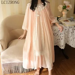 Vintage Cotton Women's Robe Sets Two-piece Lace Retro Princess Long Sleepwear Girl Retro Nightwear Female Home Wear Plus Size