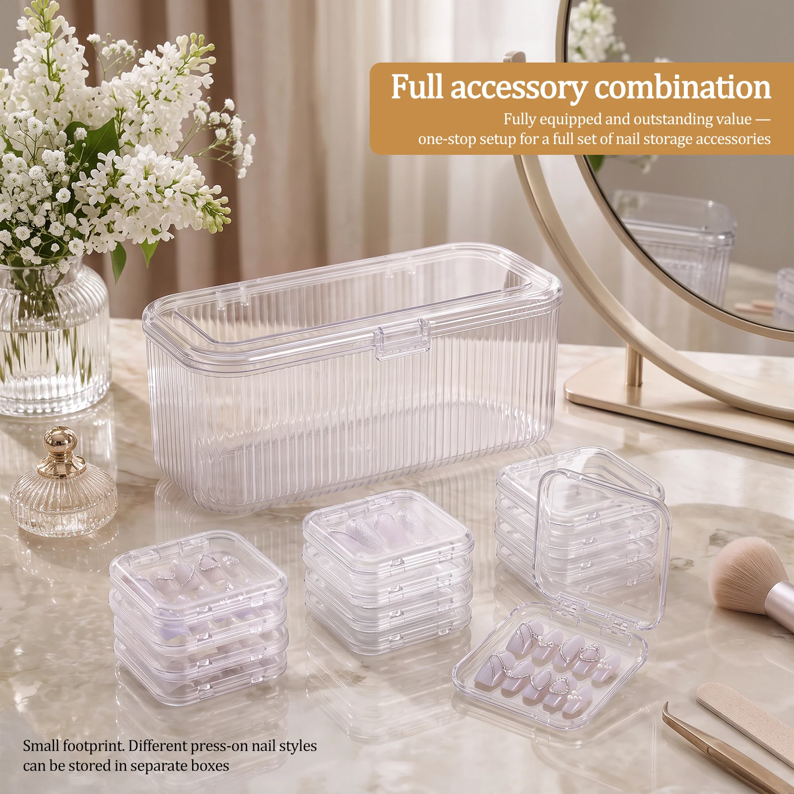 Clear Press On Nail Organizer Set with 54 Pcs Adhesive Double Sided Tape Nail Boxes Jewelry Storage Tool&Accessories