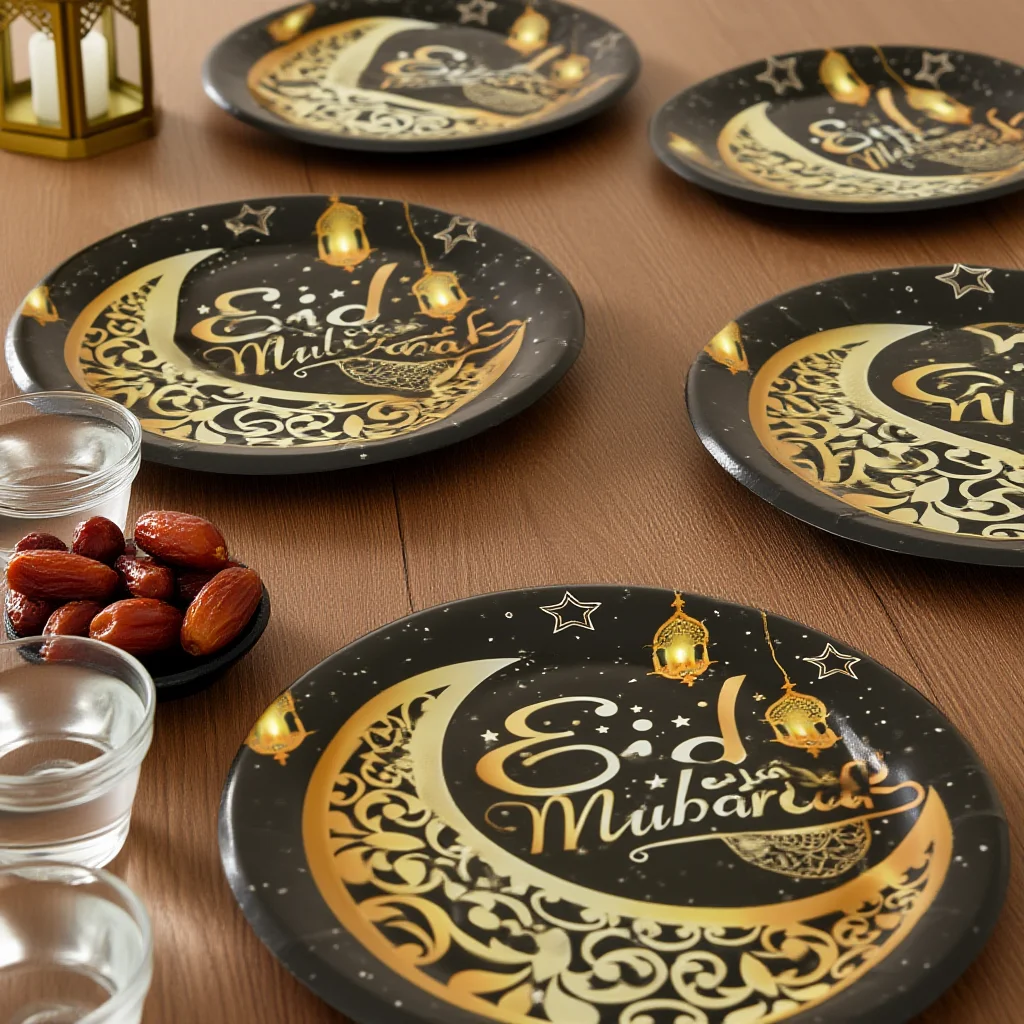 Food Grade Disposable Plates 7/9 Inch Eid Mubarak Design Islamic Moon and Lantern for Muslim Dinner Party Ramadan Table Setting