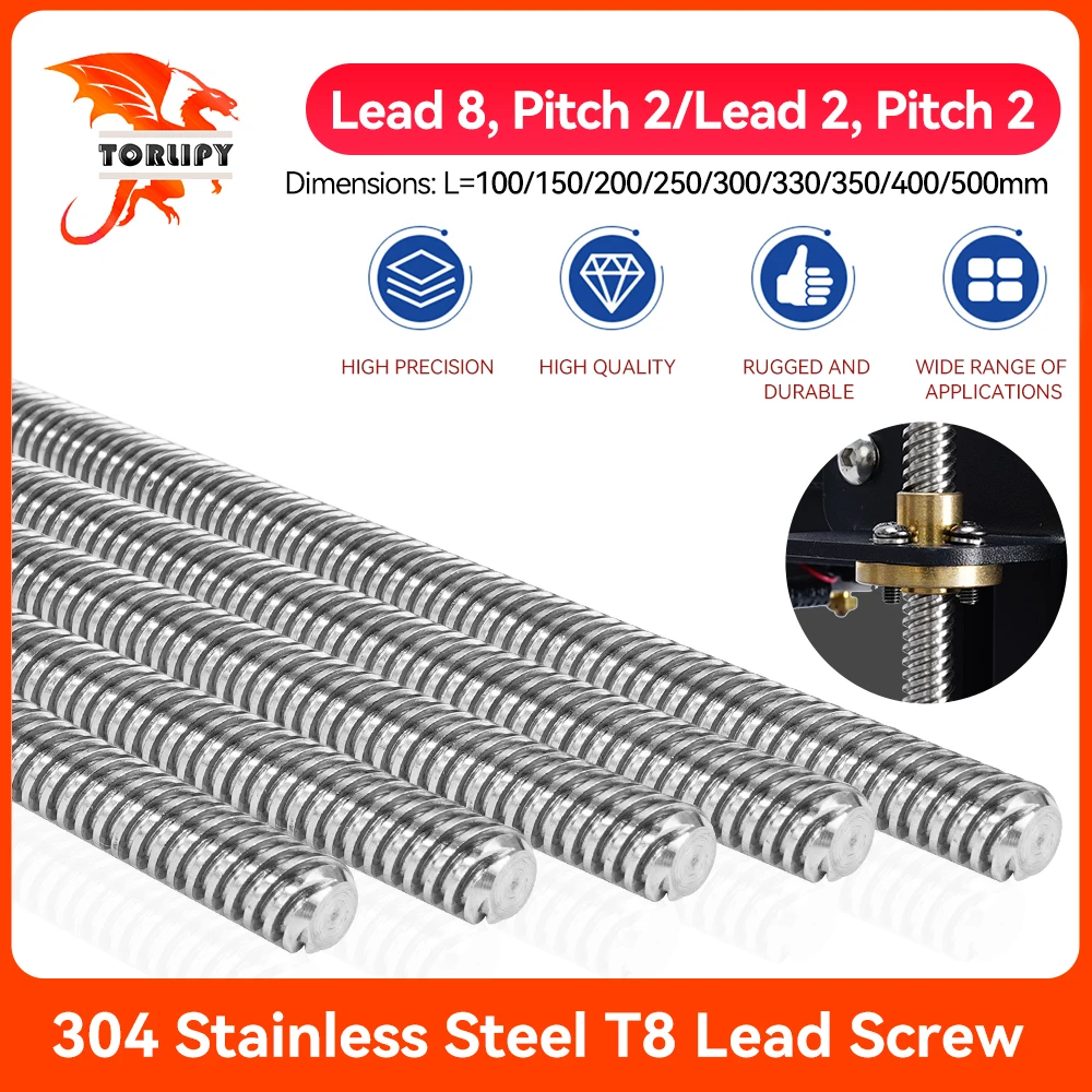 T8 Lead Screw with Brass Nut OD 8mm Lead 2mm Pitch 2mm/Lead 8mm Pitch 2mm Length 100-500mm T8 Lead Screw Reprap 3D Printer Parts