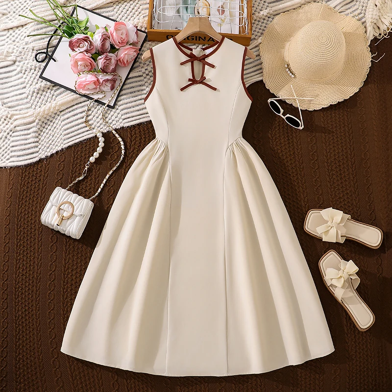 Girls 8-12 Summer Chinese Style Sleeveless Dress, Retro Frog Button Collar High Waist Flowy Swing Casual Kids Midi Sundress