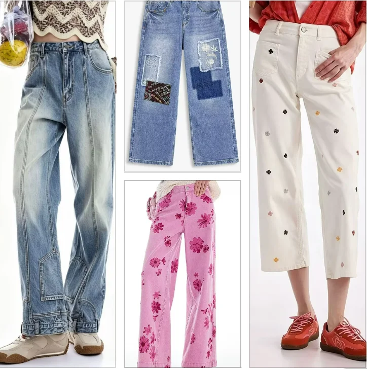 Spanish Foreign Trade Women's Embroidered Jeans Thin Straight Tube Fashion All Match Show Casual Straight Leg Jeans for Ladies
