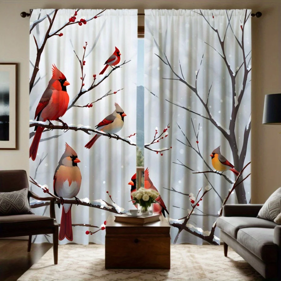 

2pcs Set, High-Definition Red Cardinal Curtains, Winter Living Room Floral Vase Decor, Digital Printed Polyester Drapes, Washabl