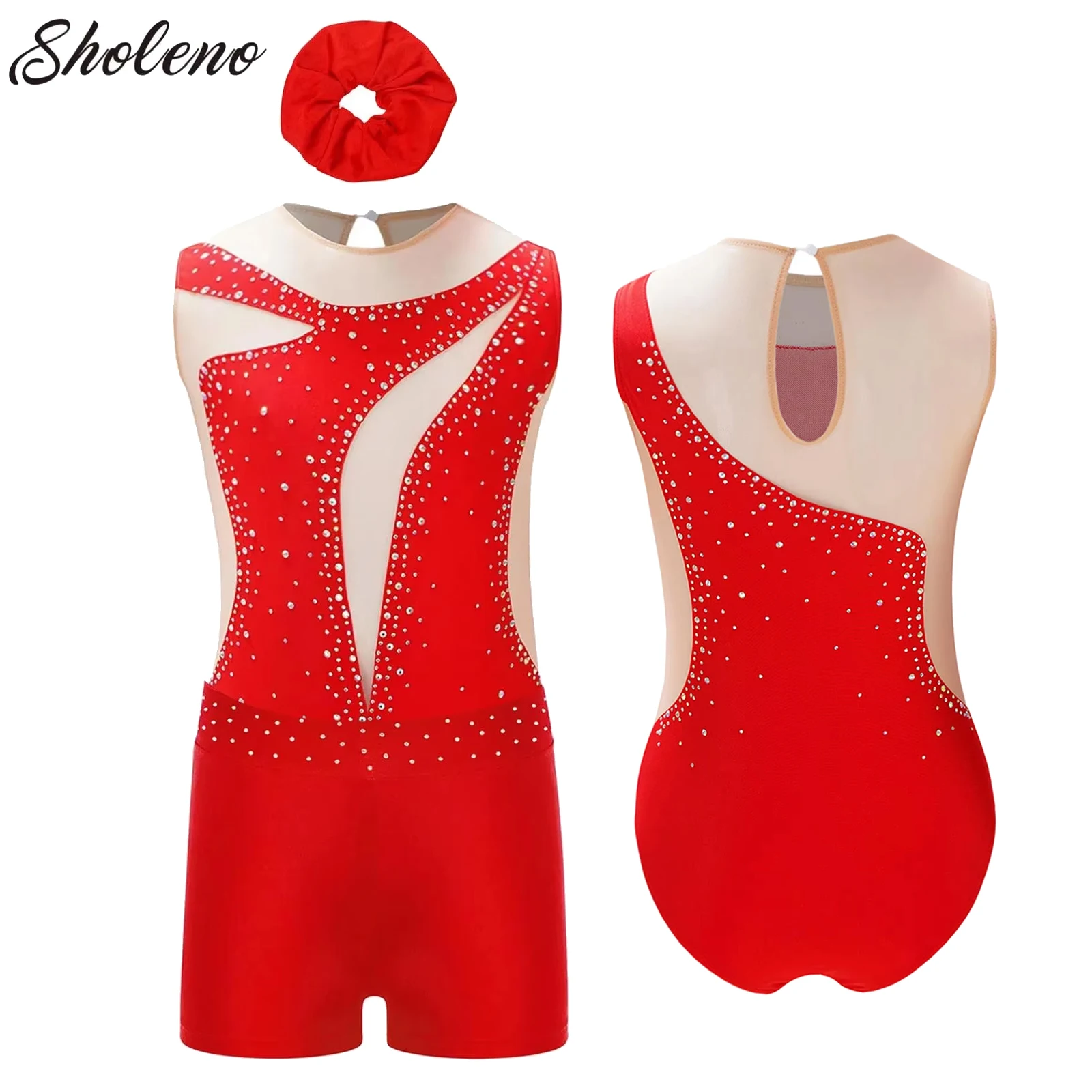

Kids Girls Figure Skating Costume Rhythmic Gymnastics Jersey Leotard Sleeveless Ballet Dance Bodysuit with Shorts for Practice