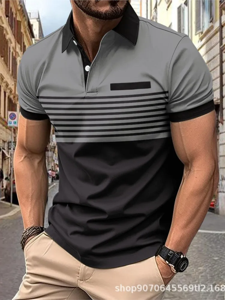 Men'S Casual Short Sleeve Polo Shirt with 3D Horse Print Striped Color Block Design Sporty Style Collared Golf Shirt for Summer
