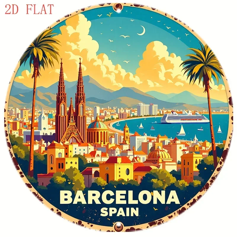 Round 8in Barcelona Spain Landscape Metal Sign 2D Flat Easy Hang Wall Decor For Home Garden Bar Cafe