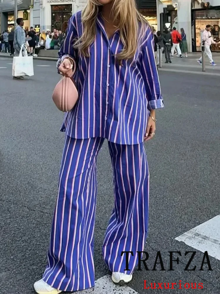 TRAFZA Vintage Casual Striped Women Suit Single Breasted Long Sleeve Shirt Loose Long Pants Chic Fashion 2024 Autumn Basics Sets