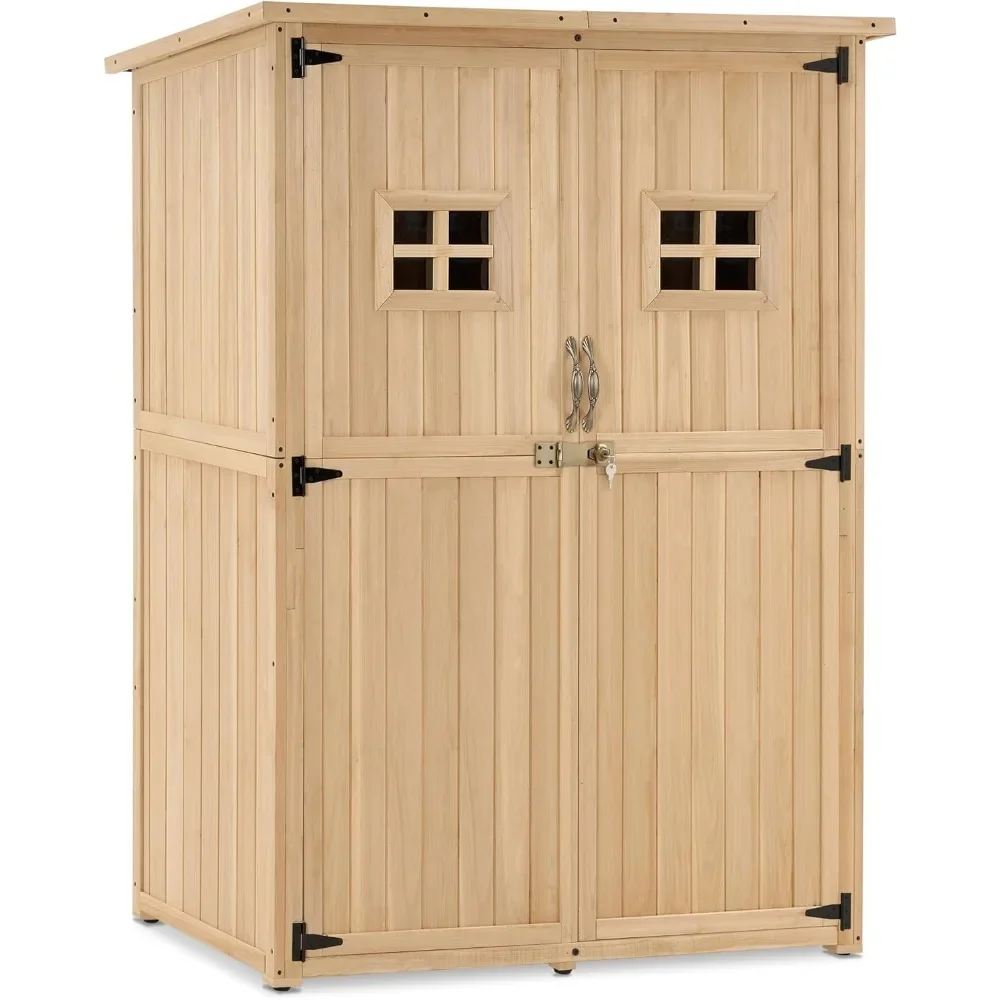 Large Wooden Outdoor Storage Cabinet with 2 Shelves, Oversize Garden Storage Shed with Lock, Tool Shed for Patio Yard Lawn,