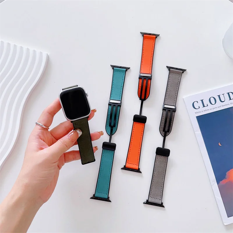 Bandas de silicona + cuero para Apple Watch, pulsera con hebilla magnética de 40mm, 41mm, 42mm, 44mm, 45mm y 49mm, iWatch Ultra SE2 8 7 6 5 4 3