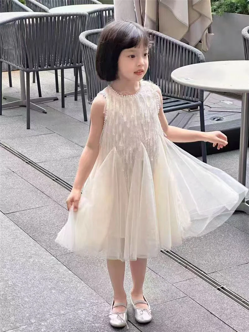 Baby Girls Tassel Mesh Dresses Fashion Beading Princess Dress Kids Fashion Sweet Party Gown Ball Sweet Sleeveless Clothes 2-10Y