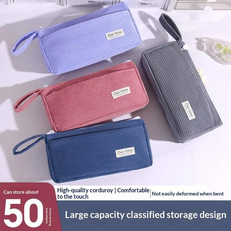 Corduroy Pencil Case Thickened Wear Resistant Large Capacity Multi Pocket Pen Bag for School Office Daily Storage
