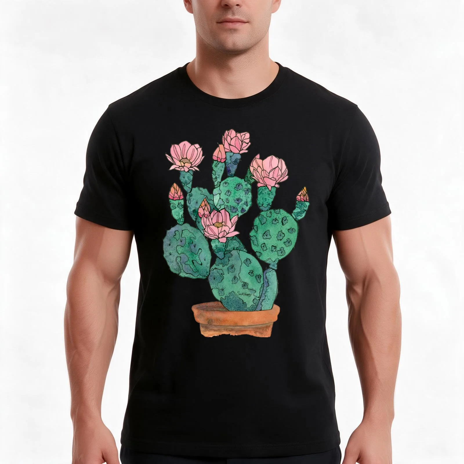 Watercolor and Ink Cactus in Terracotta Pot – Botanical Succulent Art Print T-Shirt, Summer Casual Cotton Tee, Unisex Men Women