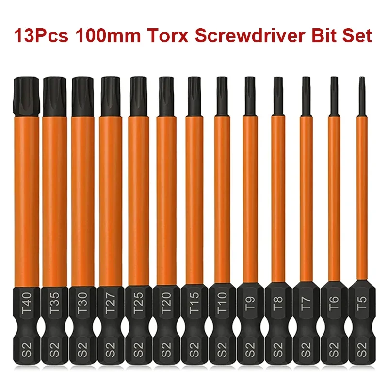 

13Pcs 100mm Torx Bit Set Security Torx Star Bits 1/4 Inch Hex Shank Tamper Resistant Screwdriver Bit with Magnetic Tip