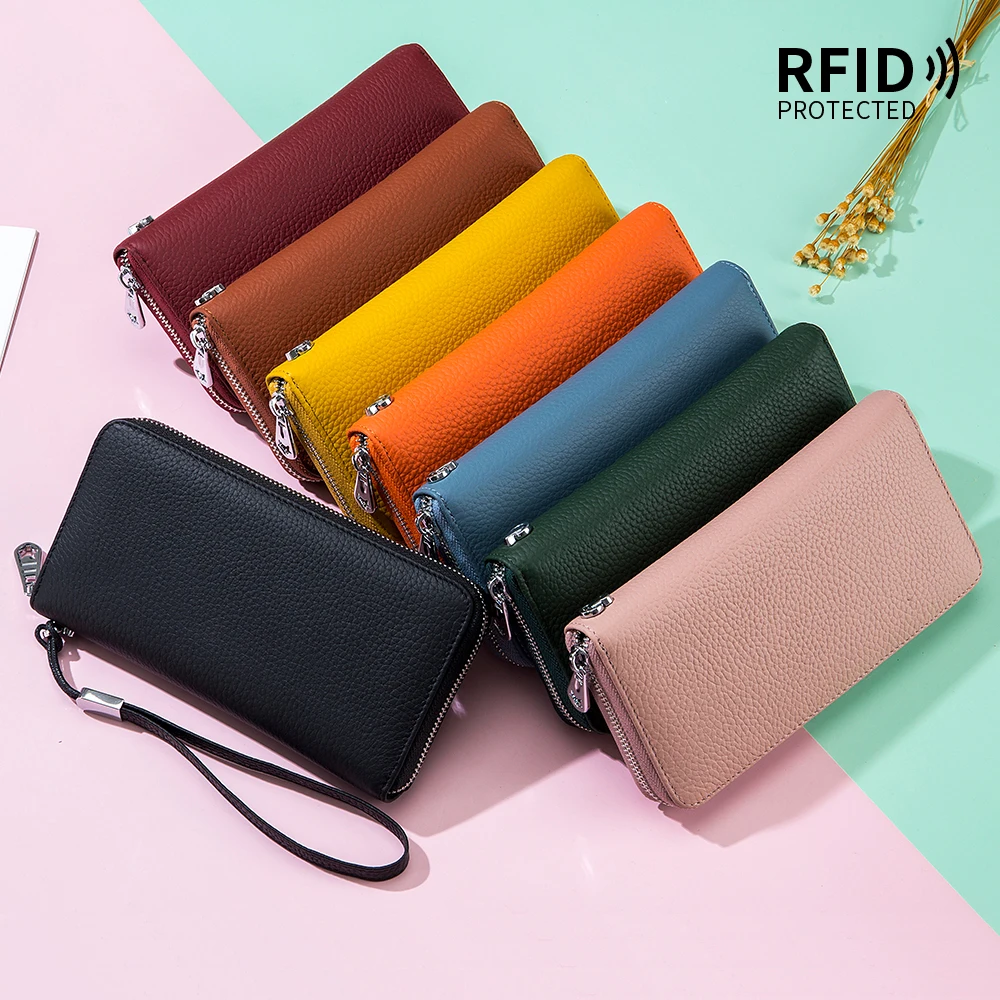 Women's Wallets Long Genuine Leather RFID Cowhide Handbag Soft Leather Minimalist Wallet Mobile Phone Bag Wallet for Men