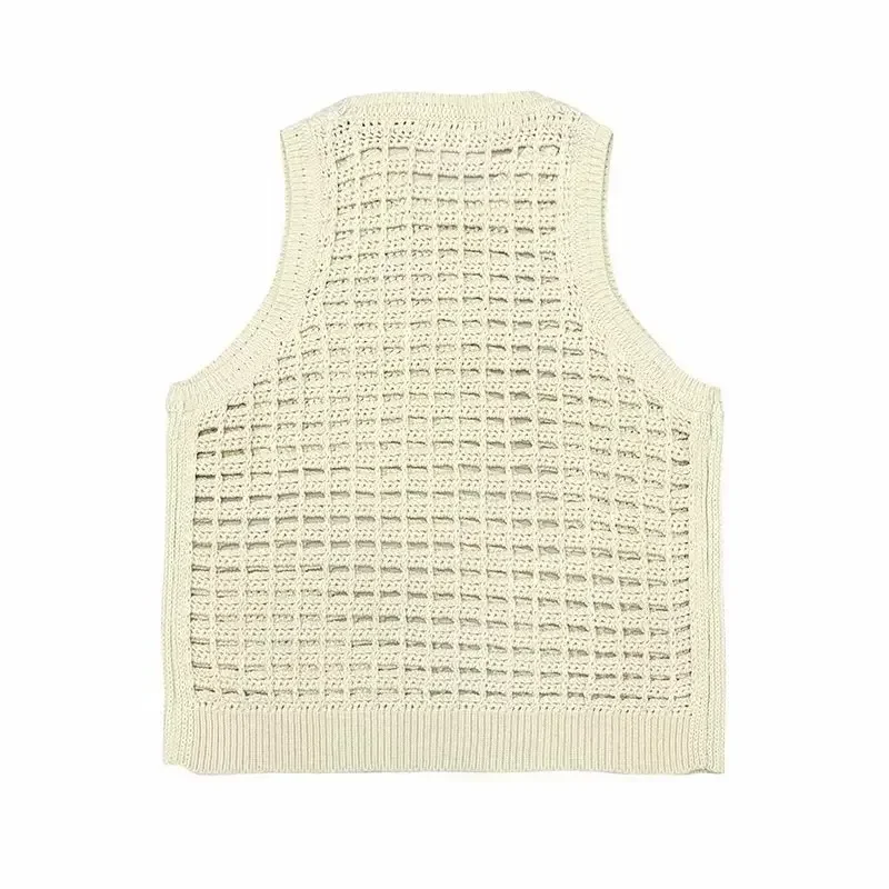 Women's Autumn 2023 New Fashion Hollow Knit Sweater Vest Retro Exquisite Round Neck Sleeveless Chic Top.