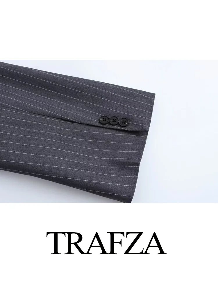 TRAFZA Blazer larghi primaverili da donna Striscia grigio scuro Colletto rovesciato Maniche lunghe Tasche Cappotti doppiopetto moda femminile