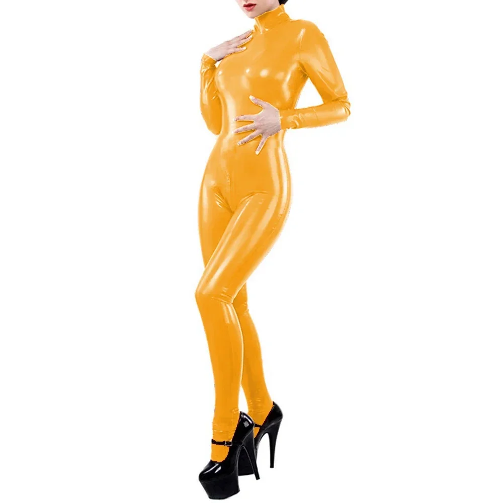 Party Cosplay Jumpsuit Wetlook Patent Leather Long Sleeve Catsuit Exotic Open Crotch Zipper Bodysuit Turtleneck Rompers Lingerie