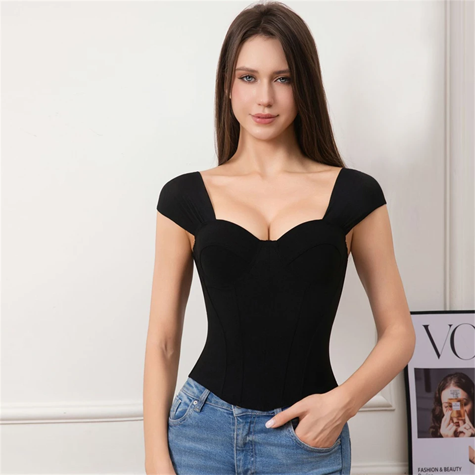 Becirzet Damen Schwarzes Korsett, Drahtloser BH, Sexy Off-Shoulder-Top, Vintage-Fischgrätenmuster, Taillenbetonendes Tanktop – Detail 7