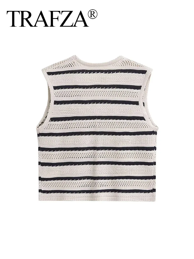 TRAFZA Summer Vest Woman 2024 Trendy Stripe V-Neck Sleeveless Buttons Single Breasted Sweater Tops Female Casual Knitted Tops