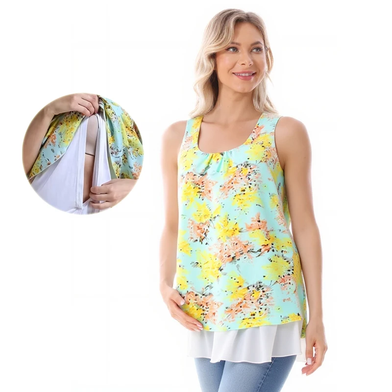 Floral Double Layer Maternity Nursing Camisole Sleeveless Front Zipper Ruffle Hem Breastfeeding Summer Tank Top