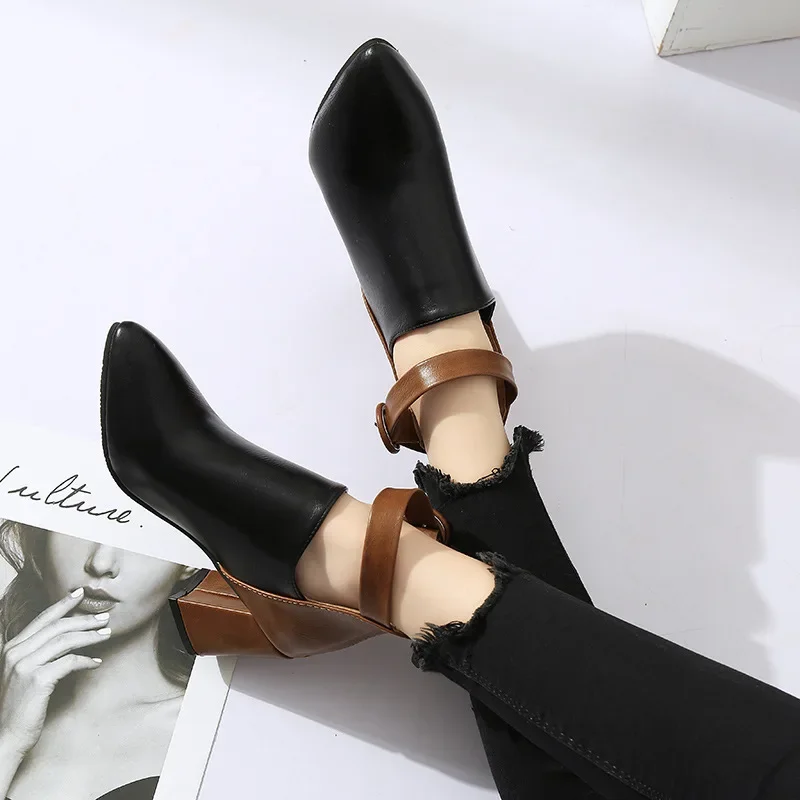 Women Boots British Style Zipper Chunky High Heels Plus Size PU Leather Pointed Toe Ankle Boots Belt Buckle Casual Shoes Botines