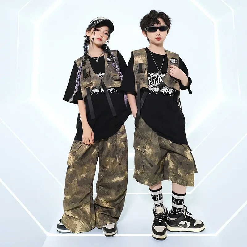 

Boys Girls Hip Hop Costume Camouflage Vest Pants Black T-shirt Street Dance Shorts Teenagers Jazz Clothes Sets Group Streetwear