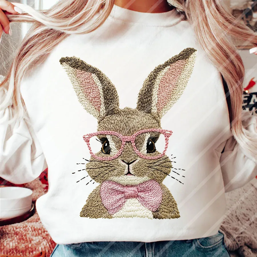Faux Embroidery Retro Easter Bunny DIY Iron-On Heat Transfer Sticker Decal T-shirts Sweatshirts Bag Clothing Fabric Party Decor