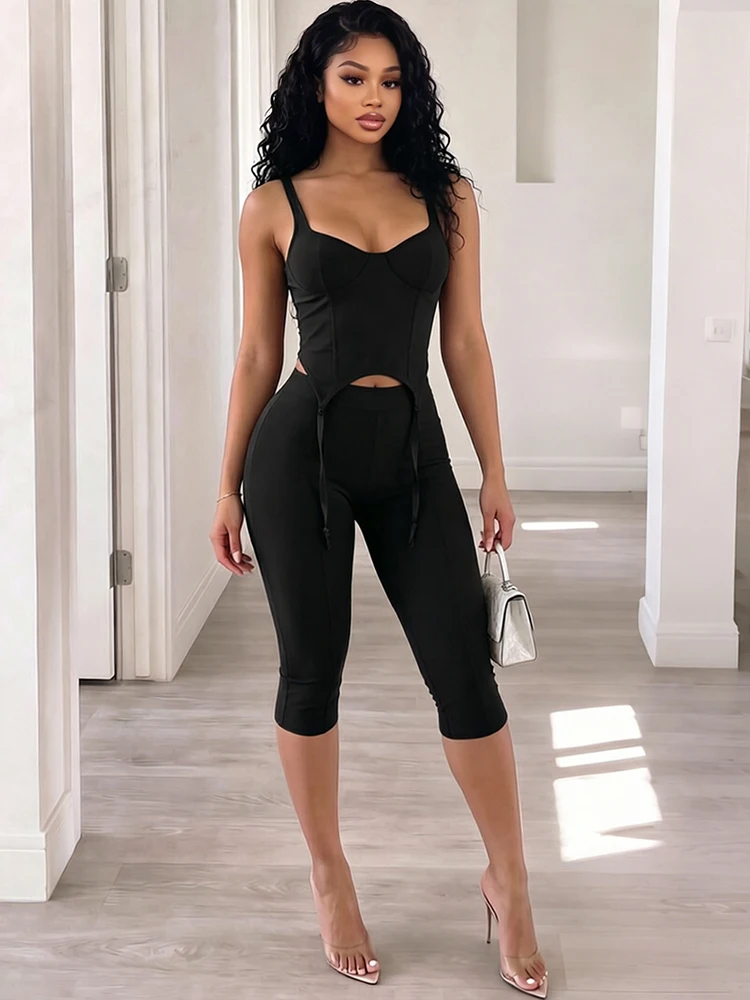 

Weird Puss Casual Tracksuits 2 Piece Set Woman Low-Neck Backless Tassel Irregular Tank Tops+Crop Pants Simple Fashion Style Suit