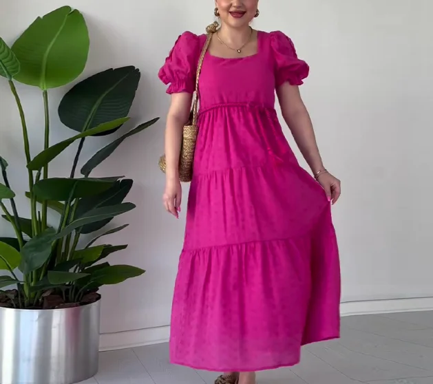 

Solid Color Square Neck Bubble Sleeve Waist A-Line Large Swing Skirt for Women's Summer Elegant Solid Color Slim Fit Dress