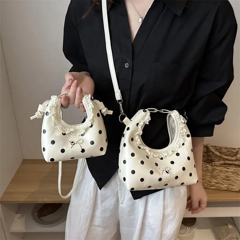 Light‑Colored Polka‑Dot PU Handbag, Lace Ruffled Handle with Cute Bow, Ideal for Daily Shopping and Dating Outings