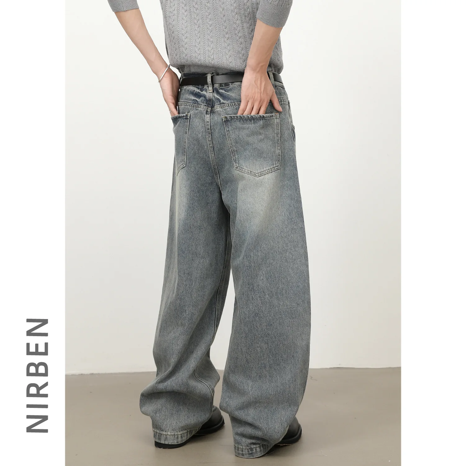 Denim Washed Nostalgic Wide-leg Jeans Men's Retro Loose Straight Denim