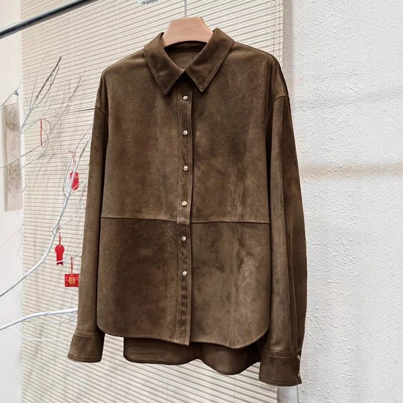 Echt Suède Jas Lente Herfst Mode Eenvoudige Casual Single Breasted Grijs/Koffie Schapenvacht Lange Mouwen Shirt Jas Vrouwelijke