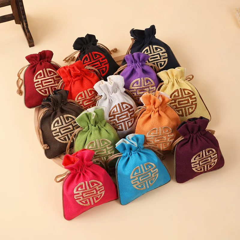 

Embroidered 'Xi' Character Linen Bag - Drawstring Jewelry Pouch, Traditional Chinese Wedding Gift & Storage Sack