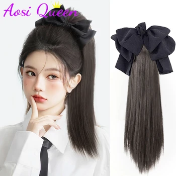 AOSI 합성 활 가발 포니 테일 여성 클램핑 스타일 긴 스트레이트 헤어 높은 포니 테일 긴 머리 땋은 스트레이트 포니 테일
