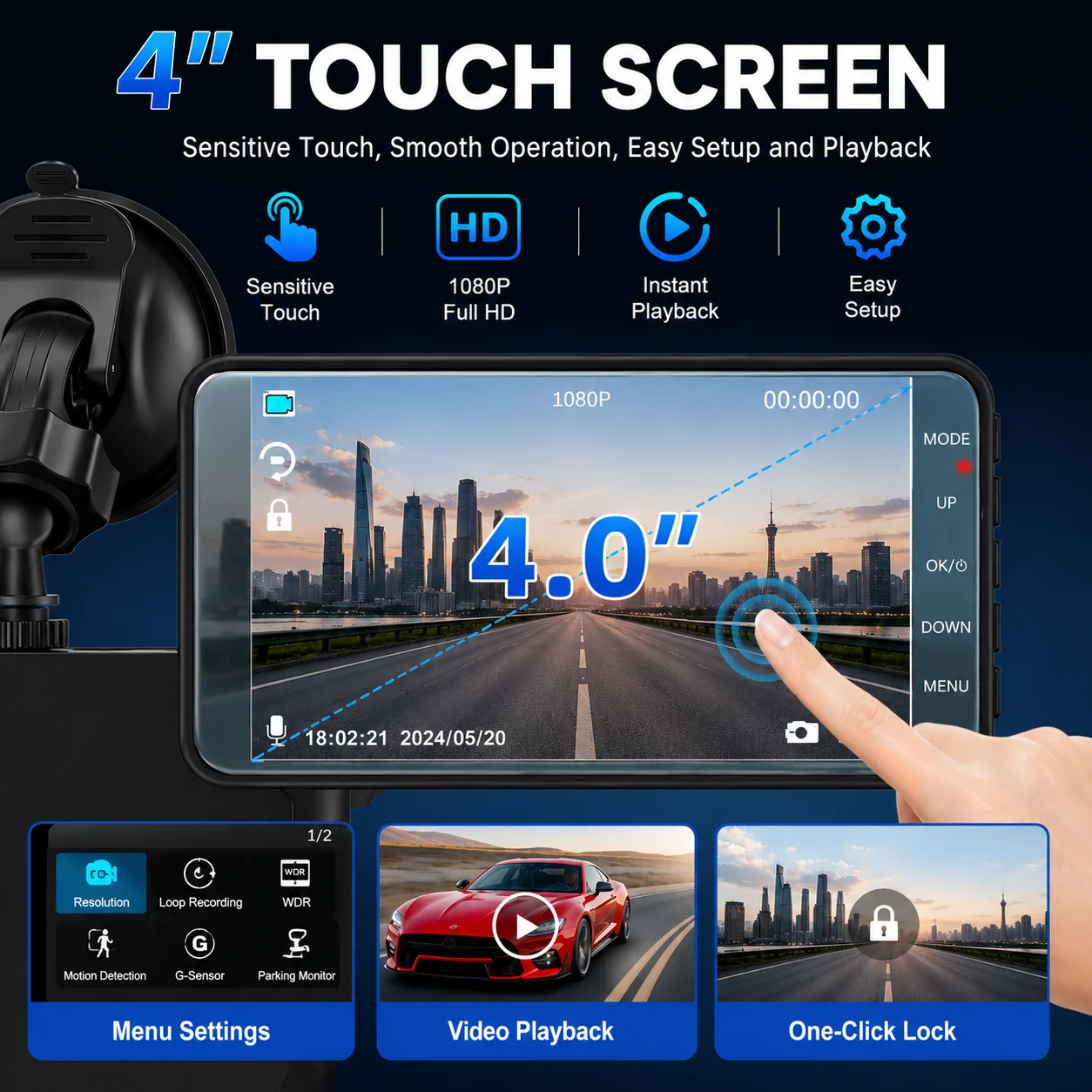 1080P Dual Lens Dash Cam 4Inch Touch IPS Video Recorder WDR with Night Vision  Loop Recording Front Rear Camera for Car Safety