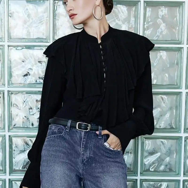 

Court Women Flute Coated Topl irts Commute Sle Long Sve Skin-friendly Breathable Elastic Lantern Sve Blouse