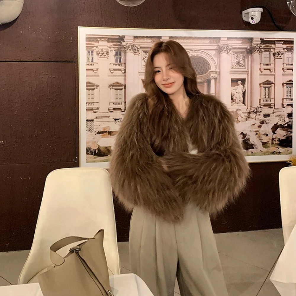 Veste de fourrure de réalité Double face tricotée épaissir à manches longues col en v hiver tissage fourrure femmes hiver manteau de fourrure de raton laveur naturel femmes