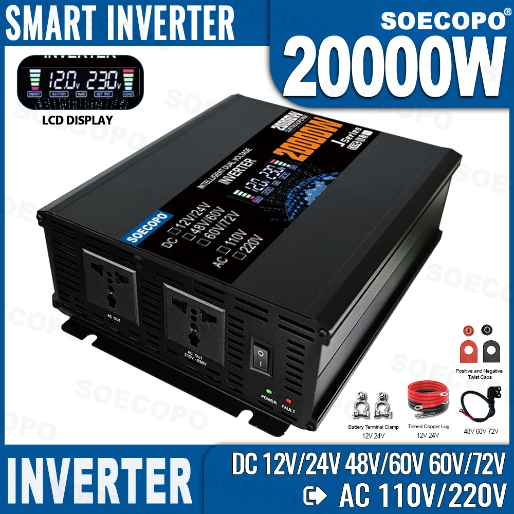 20000W Smart Inverter - Dual Voltage Input Solar & Current Type, DC to AC 110V/220V, Reliable 12V Inverter for 110V Home Camping