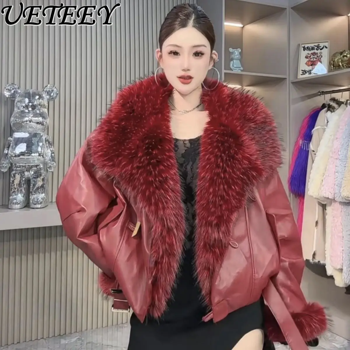 

High-end New Product Two-color Large Fur Collar Plush-lined Warm PU Leather Jacket for Trendy Winter New Year Red Short Fur Coat