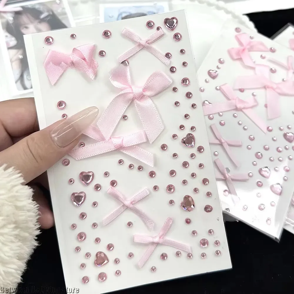 2Pcs 3D Pink Love Lace Bow Crystal Stickers Deco Stickers for DIY Kpop Toploader Cute Sparkly Rhinestone Stickers Girls Gifts view 5