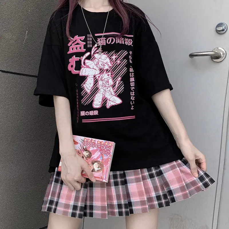 Aesthetic Camisas Mujer Harajuku T-Shirt Kawaii Ninja Cat Print Black Summer Korean pop Streetwear Women chic casual Tops Tees