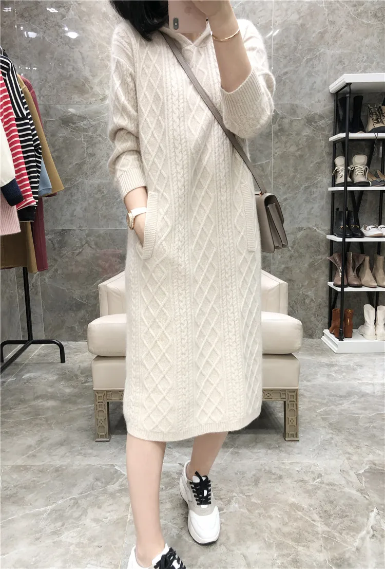 Pure Goat Cashmere Dress with Hoodie, Bottoming Knee-Length, Knitted Dress, Autumn and Winter, 100%