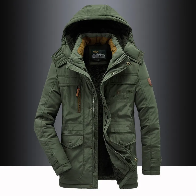 

Man Jacket Autumn Winter Vintage Thicken Cold-proof Windproof Male Outerwear Long Sleeve Zipper Pocket Loose Men Hooded Coat