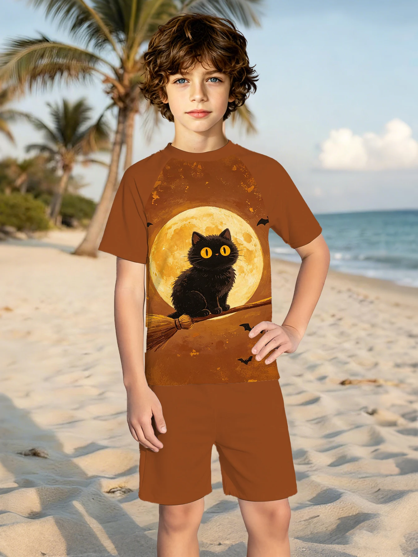 Boys' Summer Style Atmospheric Black Cat Fashionable Short Sleeved Two-piece Swimsuit