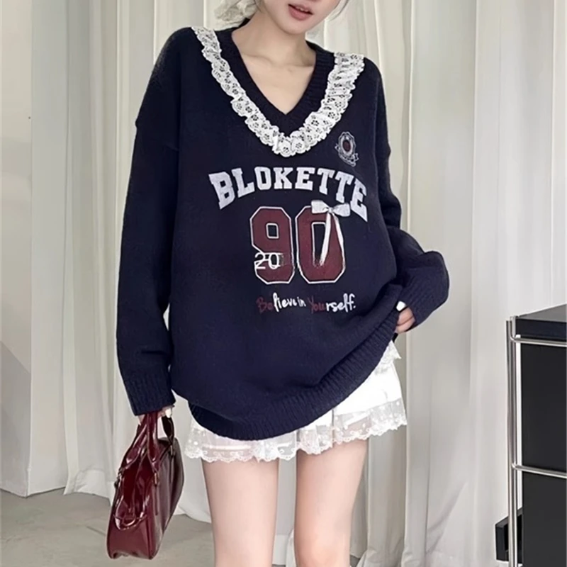 女性用Vネックレースセーター,長袖セーター,プリント服,女性用ファッション,秋冬