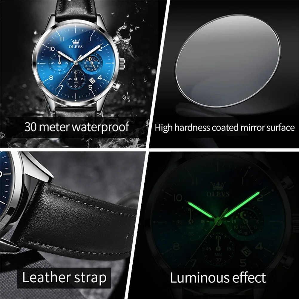 OLEVS 2882 Multifunctional Men\'s Quartz Watch Leather Strap 42mm Big Dial Moon Phase Waterproof Classic Quartz Watch for Men