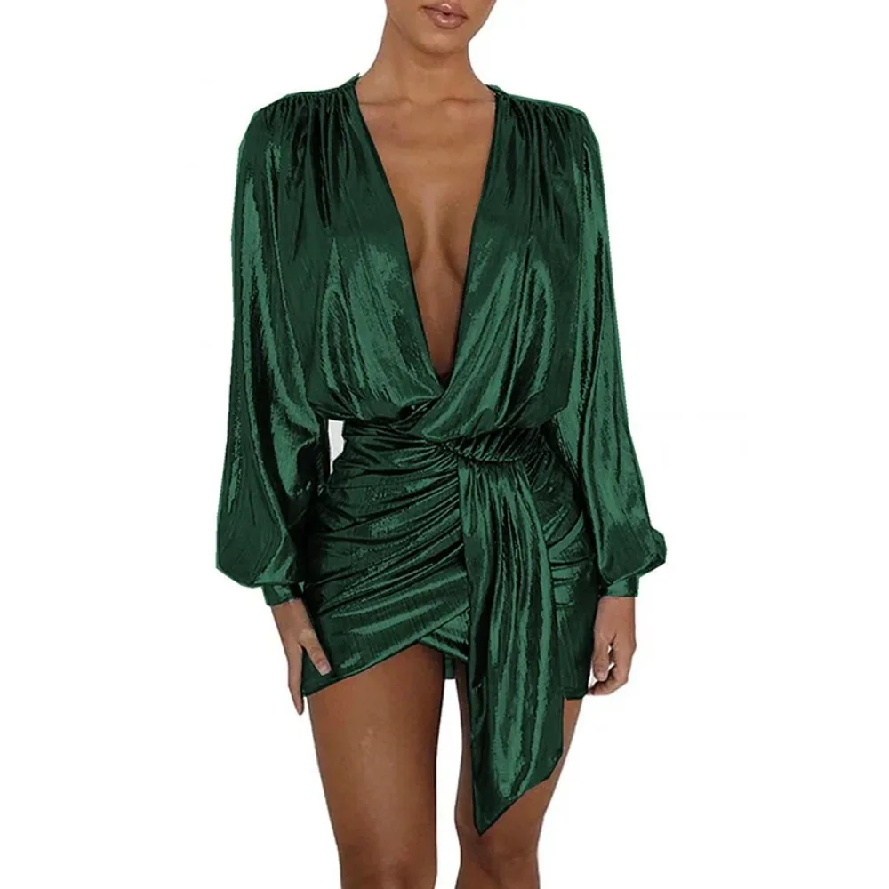 Plus Size Elegant Deep V-neck Long Sleeve Shiny Metallic Dress Women Evening Irregular Bodycon Mini Dress Vintage Ball Gowns